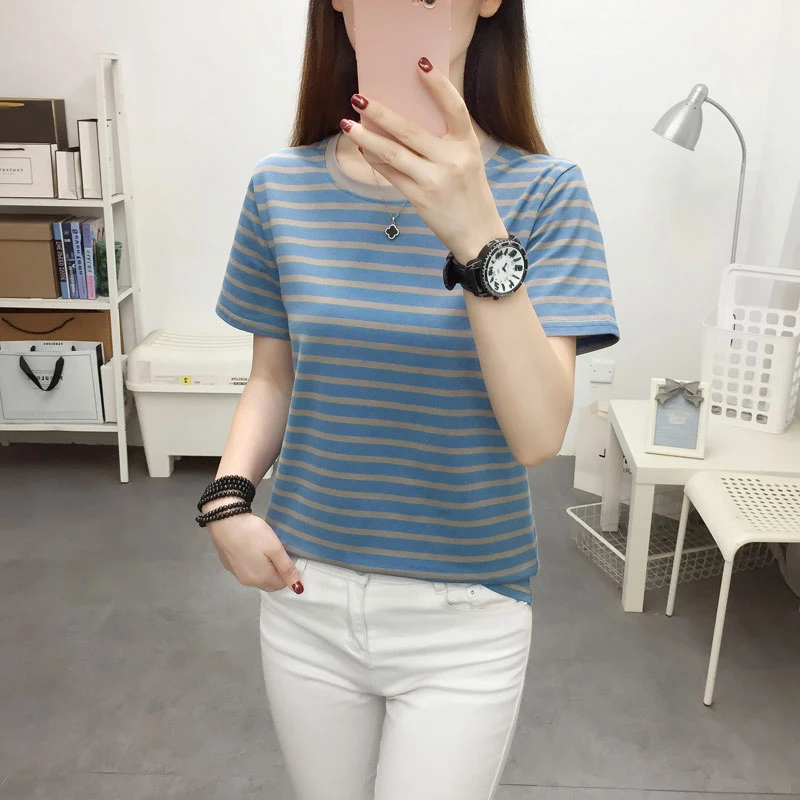 新款夏装加肥加大码短袖t恤女韩版宽松胖mm条纹体恤衫薄款上衣服