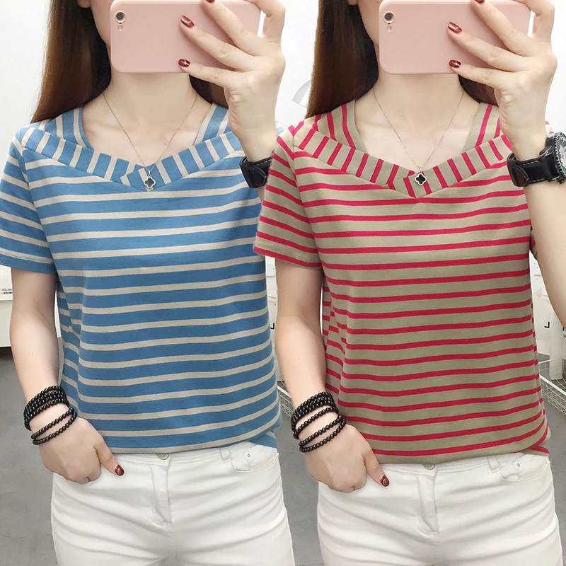 时尚洋气夏季大码宽松遮肚短袖t恤女装棉质半袖体恤妈妈条纹上衣