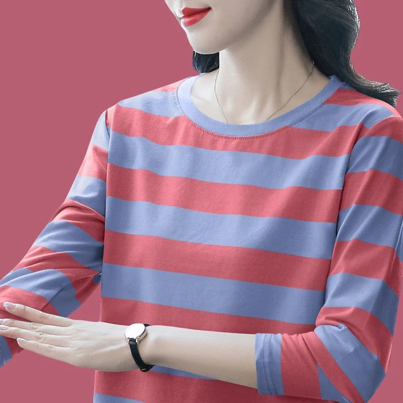 长袖T恤女装中年妈妈棉质上衣服显瘦遮肉大码宽松时尚内搭打底衫