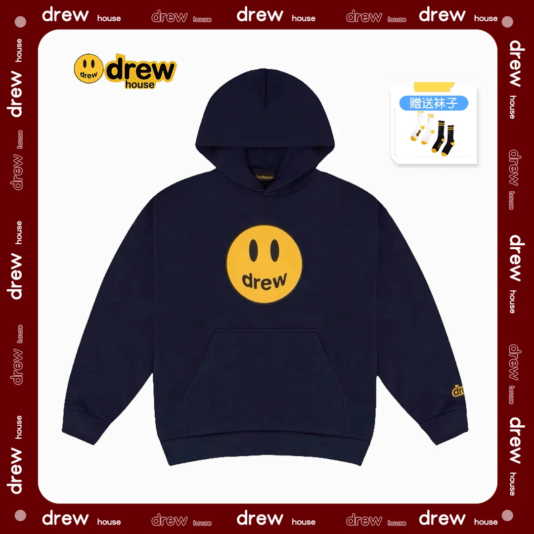 drew house mascot 笑脸印花时尚休闲加绒秋冬百搭宽松连帽加厚
