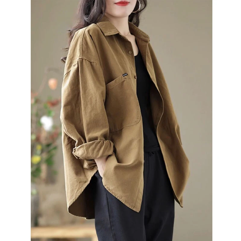 休闲纯棉衬衫外套女春秋新款韩版宽松复古港味显瘦小个子纯棉上衣