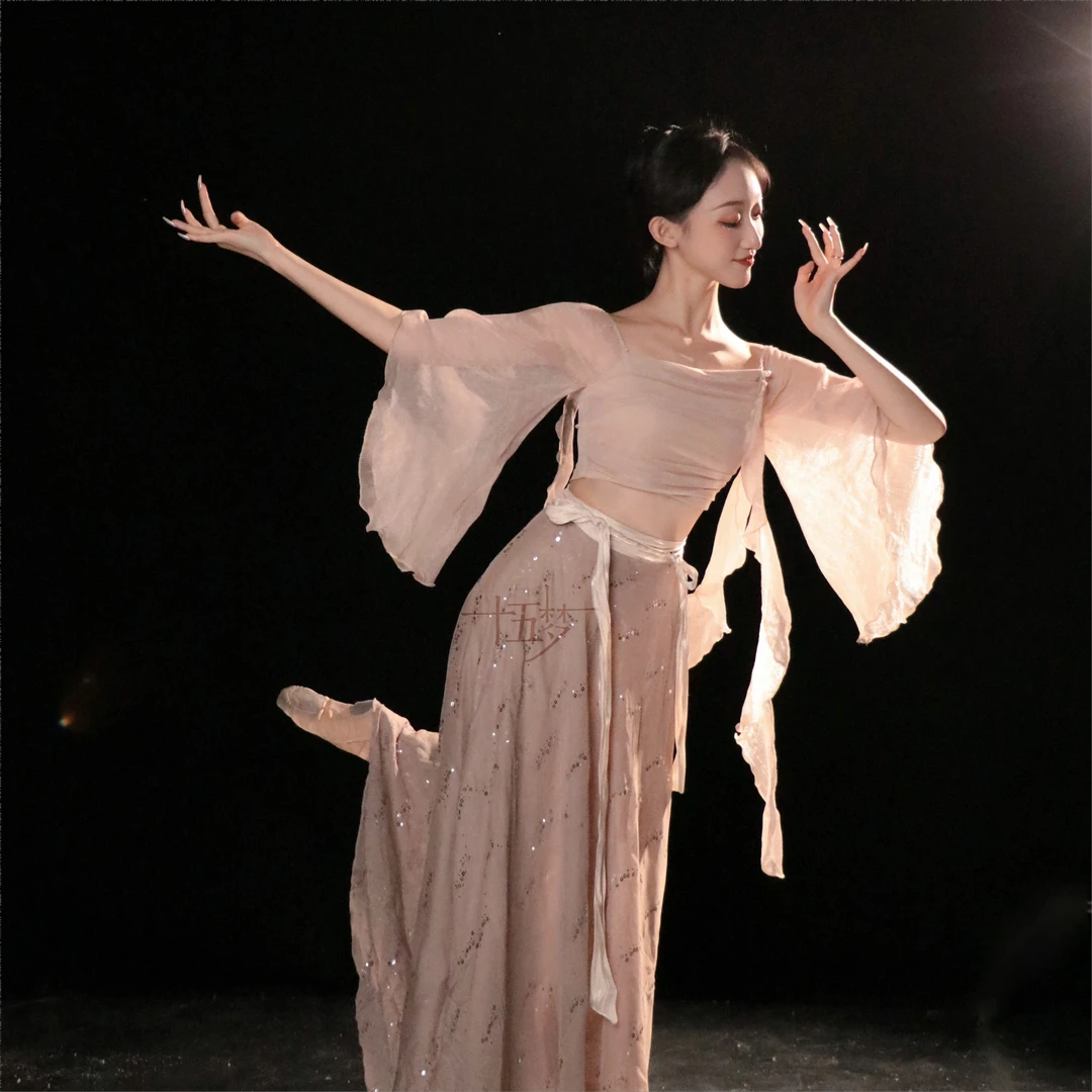 十五梦【浣溪纱】飘带多种穿法弹力网纱古典舞上衣 裸粉闪片系带裙