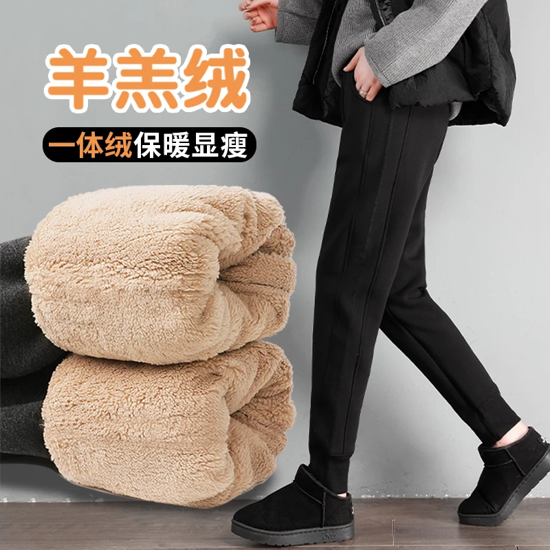 冬季新款加绒加厚羊羔绒运动裤女小个子大码时尚百搭保暖外穿棉裤