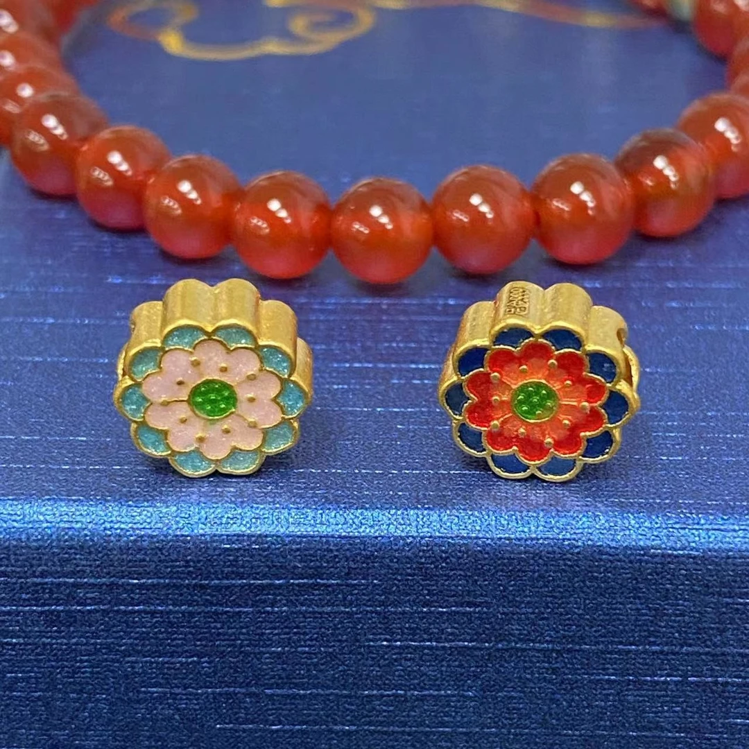 足金双面烧蓝莲花通孔1个/ 多样性发货 红色手串 @@A277