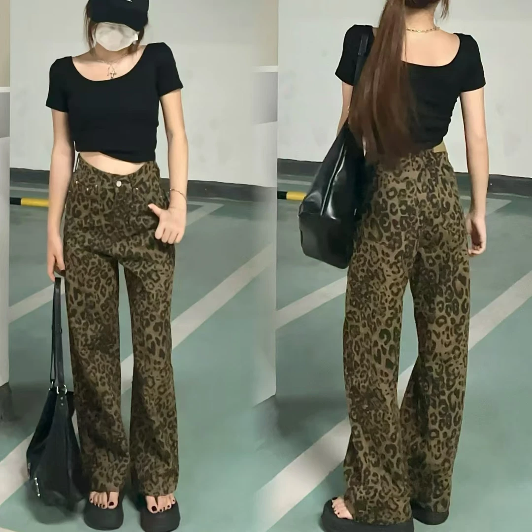 美式高级感复古豹纹牛仔裤女显瘦直筒宽松休闲街头裤子潮高腰