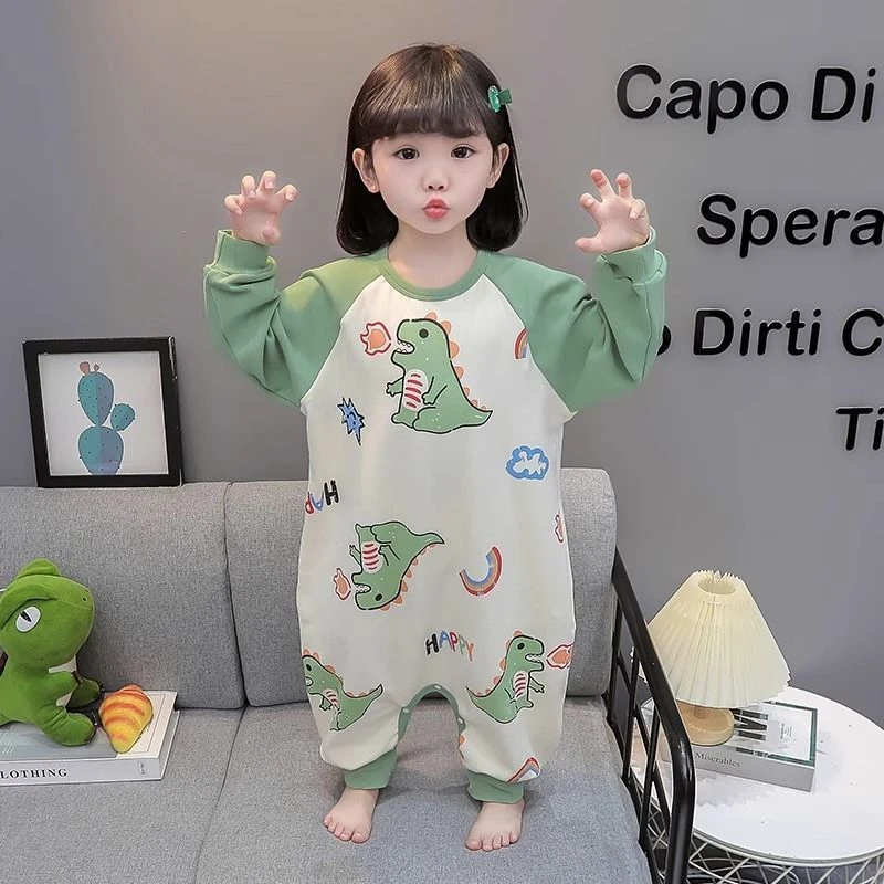 女童纯棉连体睡衣春秋新款长袖宝宝爬行服中小童防踢防着凉家居服