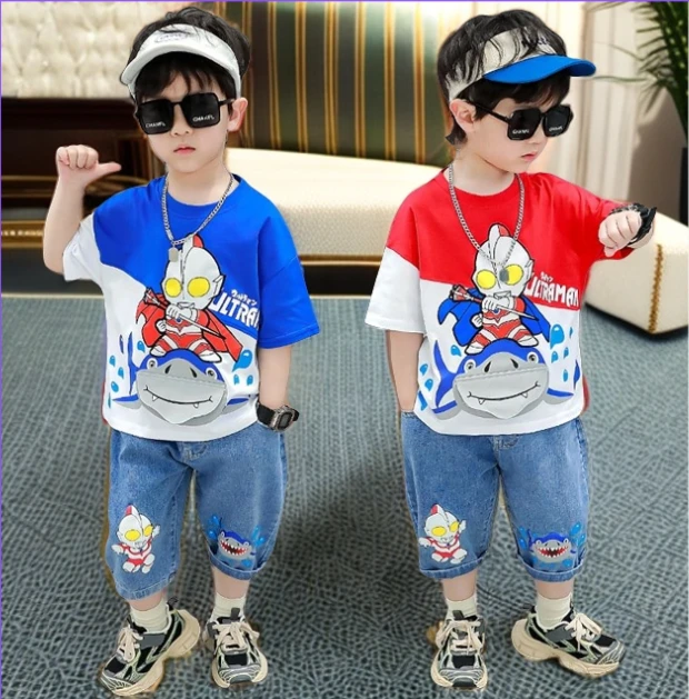 男童夏季时尚洋气牛仔鱼嘴帅气卡通潮酷中小童薄款奥特曼套装