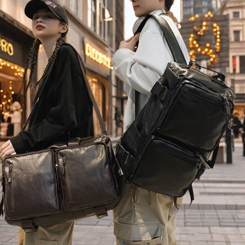 男士多功能旅行包大容量双肩包皮质户外防泼水斜跨包软皮电脑包