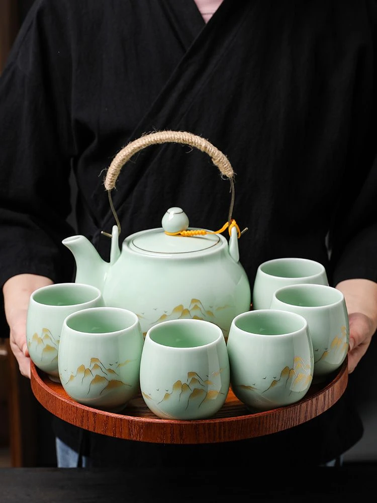 轻奢小清新提梁壶功夫茶具套装陶瓷现代简约中式大号茶壶茶杯送礼