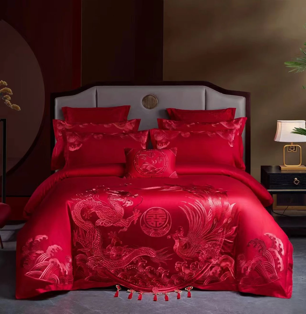 D&R【龙凤佳人-红】中式绣花结婚四件套婚庆大红床上用品喜被