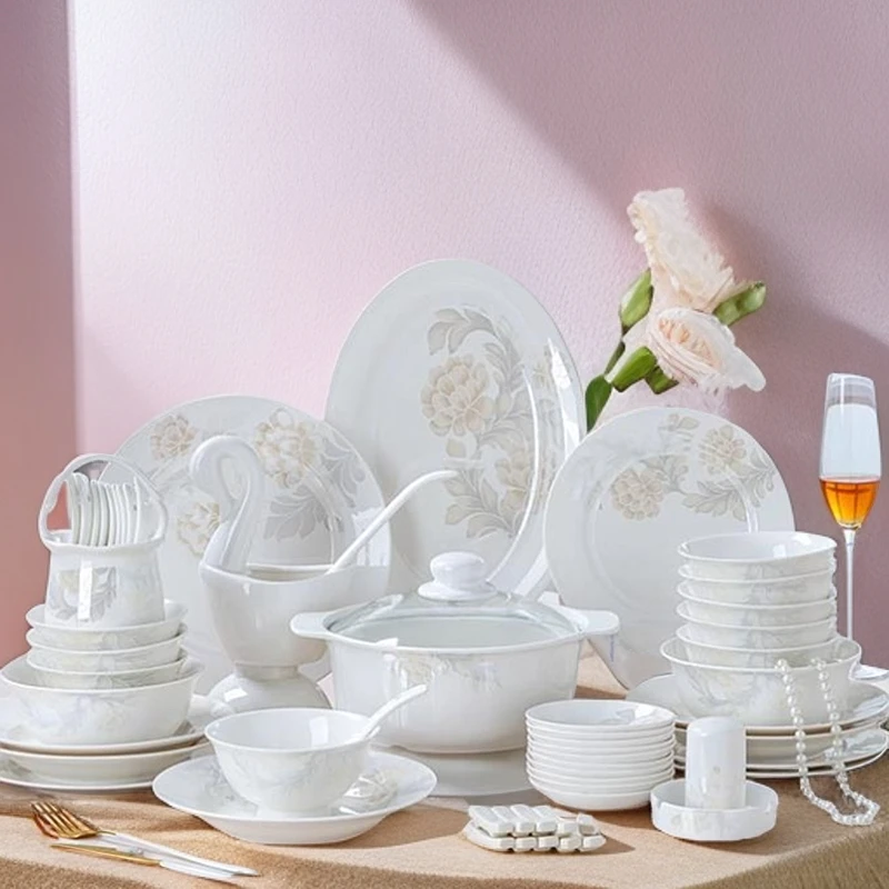 喜庆餐具乔迁60件套装轻奢高级感骨瓷碗碟家用陶瓷清雅名媛碗盘子