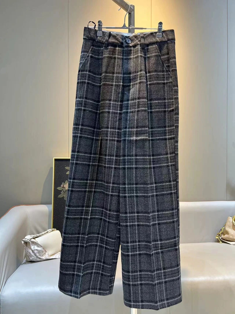 秋冬新款显瘦格子阔腿直筒裤Y10191