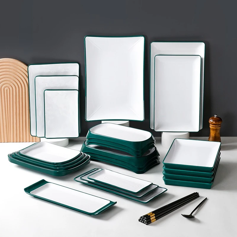 墨绿白密胺盘子长方形商用酒店火锅店菜盘餐盘仿瓷烤肉碟子烧