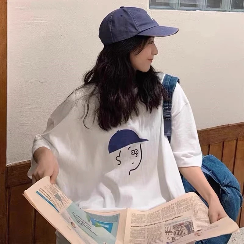 重磅100%纯棉日系卡通人物印花半袖上衣大码2-300斤宽松简约t恤女