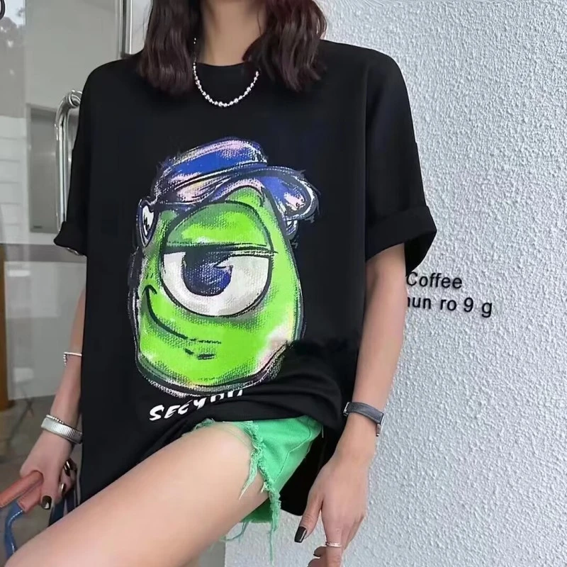 重磅纯棉搞怪趣味独眼怪印花短袖女t恤大码2-300斤宽松卡通上衣潮
