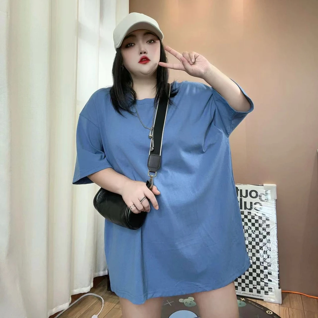 高品质重磅100%纯棉简约舒适夏季胖mm大码2-300斤韩版圆领短袖T恤