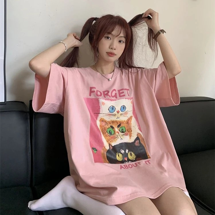 重磅100%纯棉特大码2-300斤上衣时尚猫咪印花夏季中长款短袖女t恤