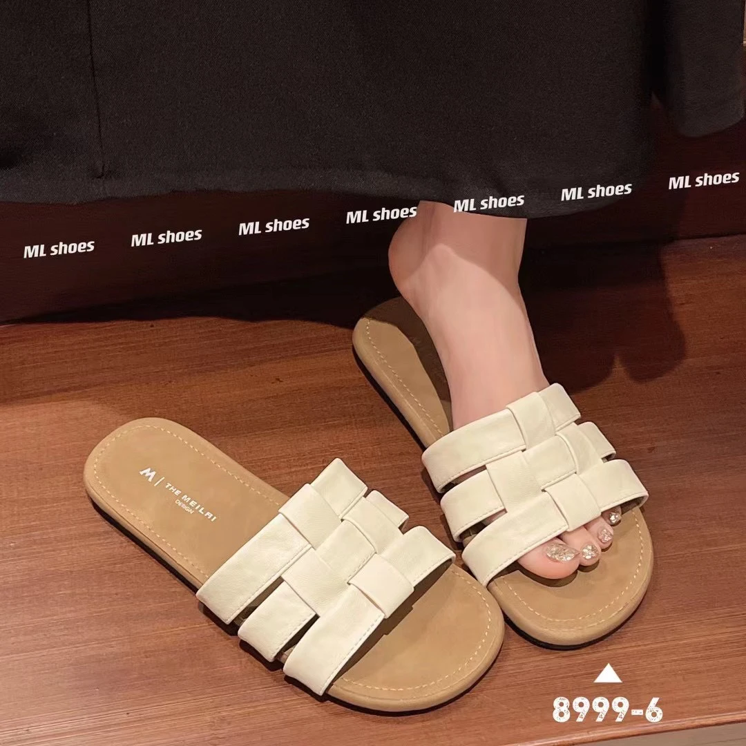 休闲软皮平底拖鞋女外穿2024年夏季新款韩版编织露趾软底沙滩凉拖