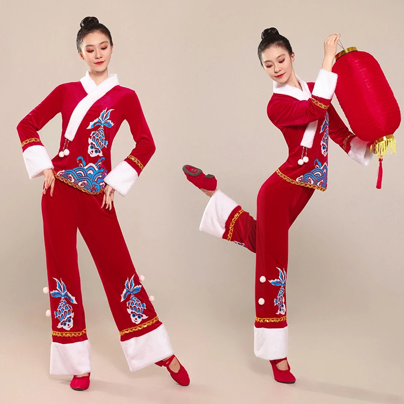 新款金丝绒喜庆秧歌服腰鼓打鼓新年元旦舞台表演古典舞蹈服装YR