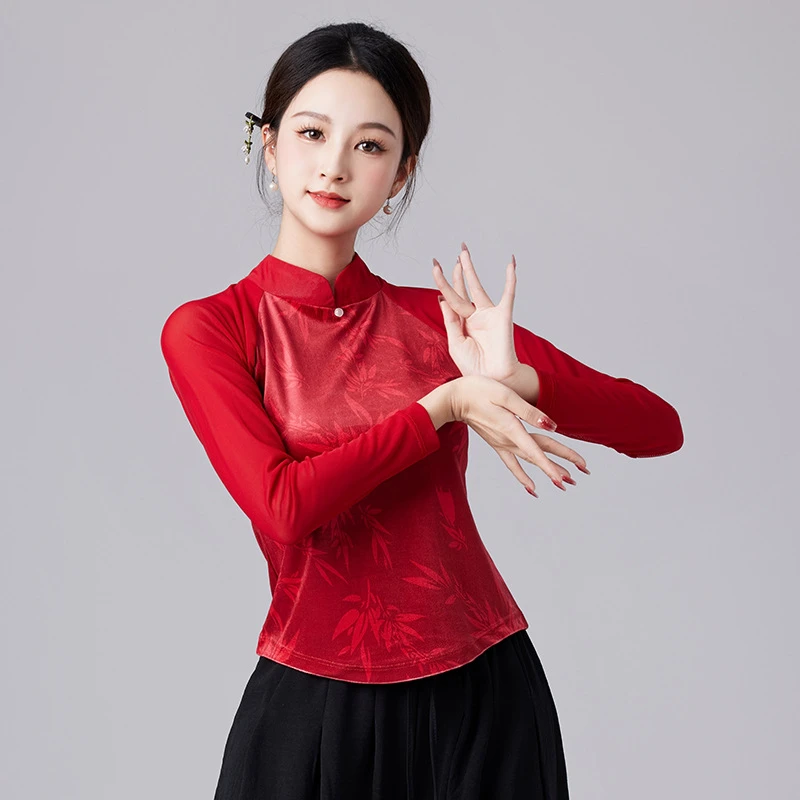 新款广场舞古典舞民族舞练功竹叶花韩国绒立领长袖阔腿裤演出服YD