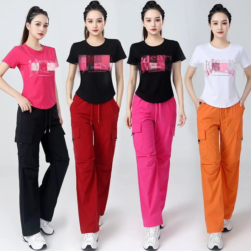 夏季新款广场舞圆领短袖套装舞蹈服印花字母衣搭时尚速干工装裤XH