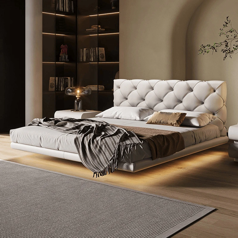 白月光菱格床悬浮床意式真皮双人床奶油风主次卧高端全床头层牛皮