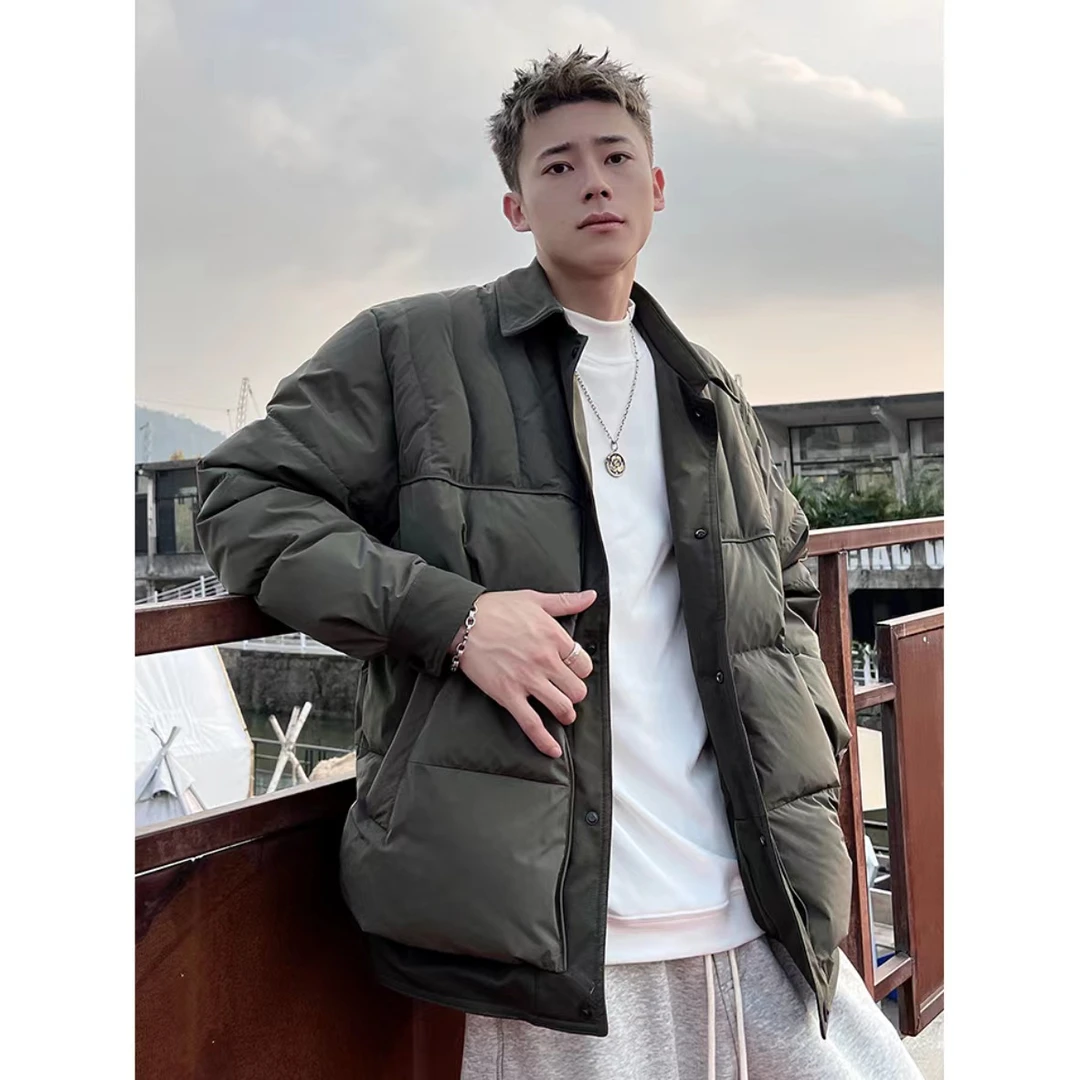 设计师款新国标90白鸭绒韩版潮流男羽绒服假两件翻领休闲外套