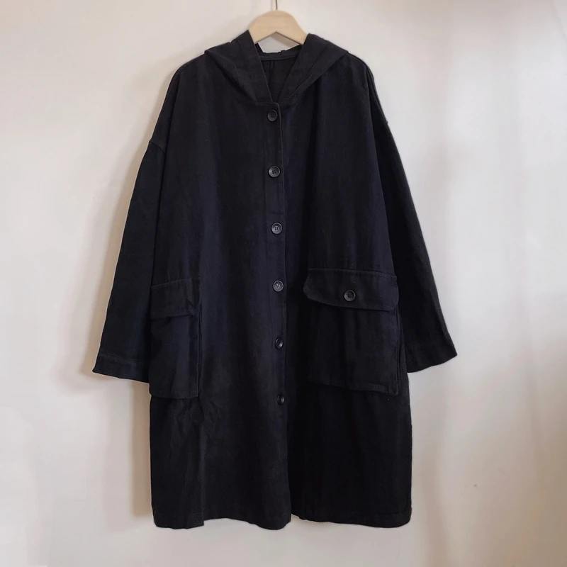 经典黑色连帽休闲风衣外套时尚百搭宽松中长2024冬季新款YX104849