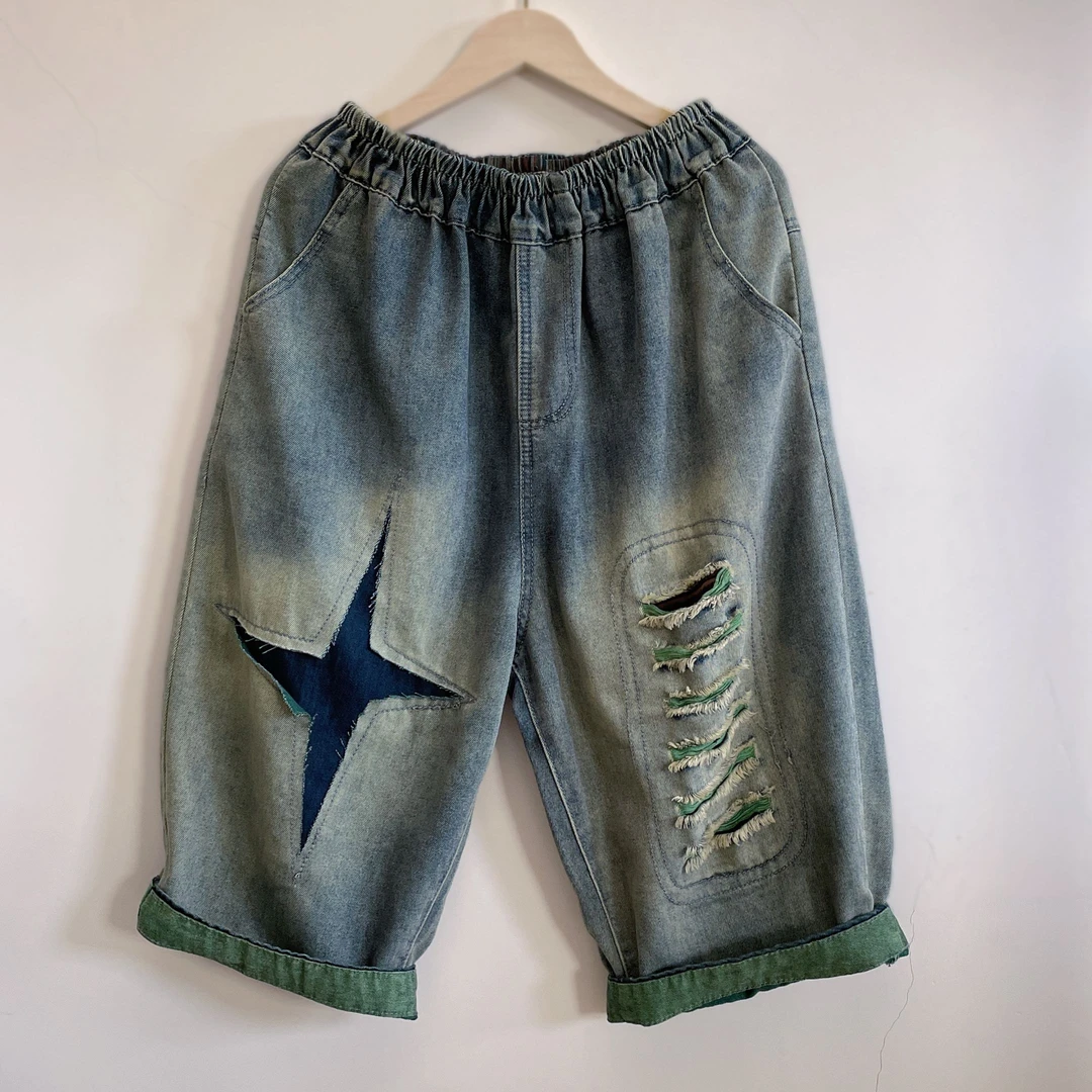 2025夏季新款时尚洋气宽松休闲百搭潮流水洗做旧牛仔短裤YX104053