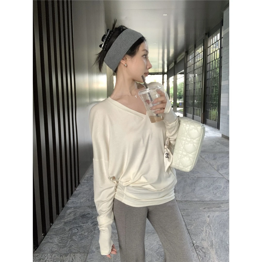 2024秋装新款显瘦V领弯刀堆积感混纺宽松百搭长袖T恤针织时尚上衣