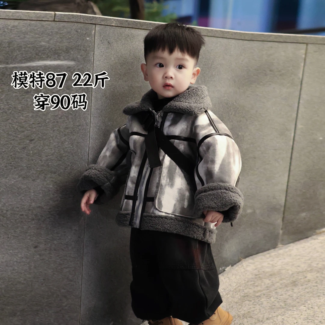 冬季男童外套儿童加绒加厚一体绒机车服英伦风保暖百搭韩版潮FY