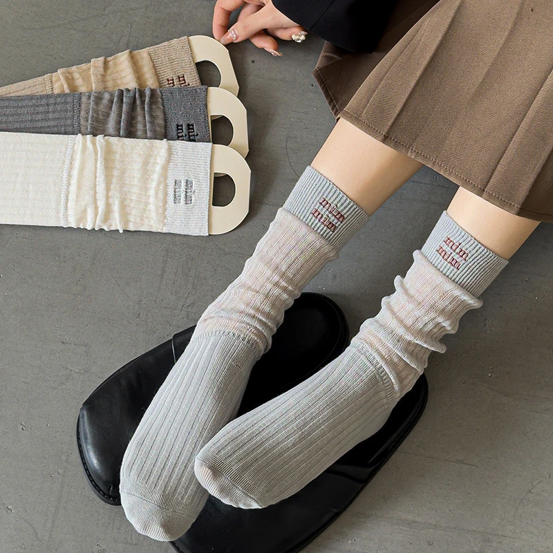 袜子女棉袜中筒堆堆袜超薄款吸汗透气春夏季ins潮刺绣双针女长袜