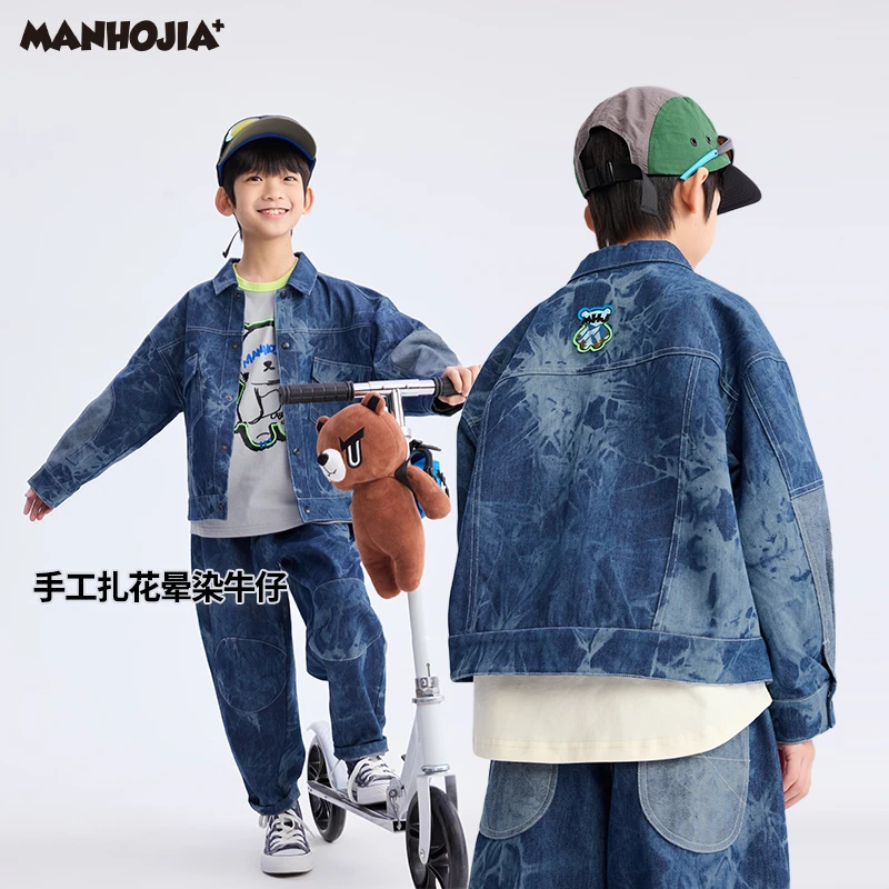 漫画家【水墨牛仔】儿童牛仔外套靛蓝水墨工装中大童外套男童