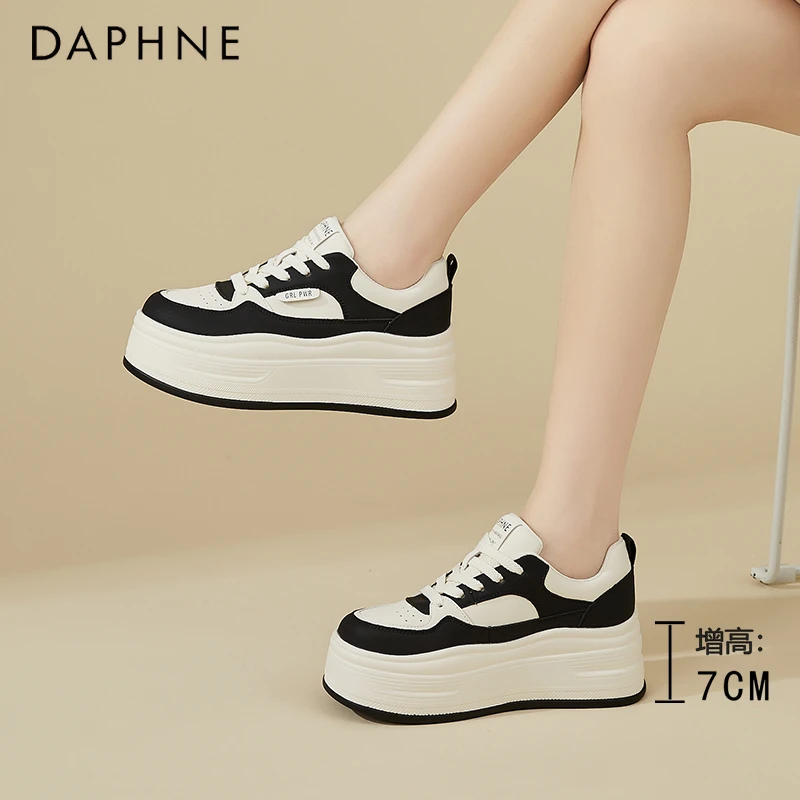 达芙妮真皮女鞋7CM厚底小白鞋女2025秋季百搭增高板鞋运动休闲鞋