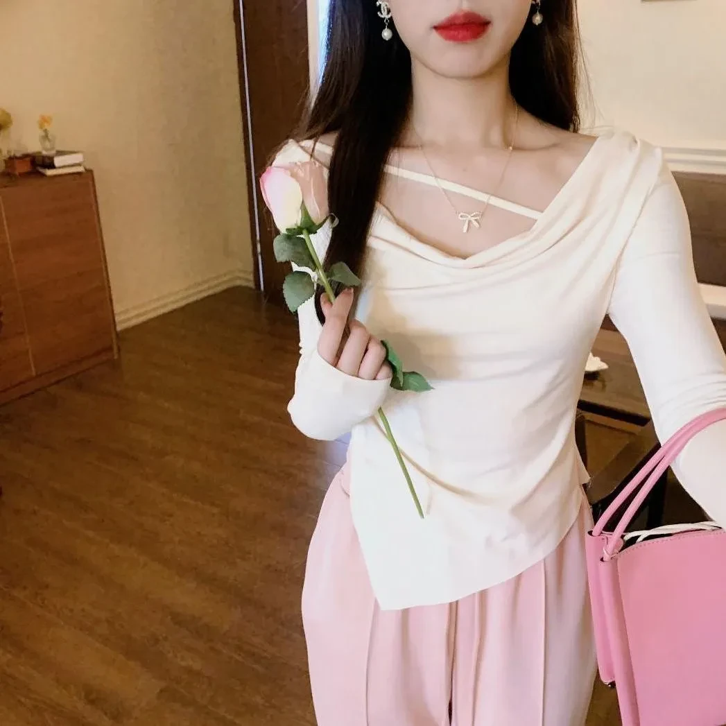 长袖t恤女春夏2023新款纯色修身显瘦不规则设计感小众防晒上衣潮