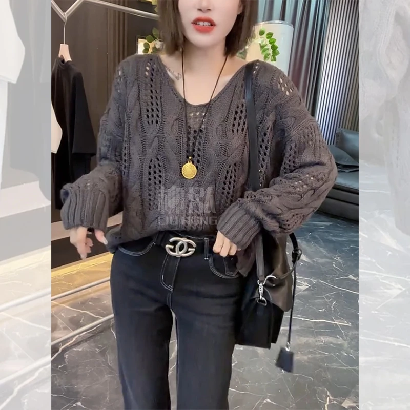 欧货麻花镂空V领长袖针织衫女早秋韩系小众高级感纯色套头毛衣ins