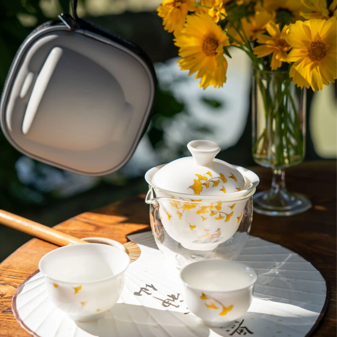 德化白瓷羊脂玉盖碗三生有幸创意防烫旅行茶具户外茶具便携式茶具