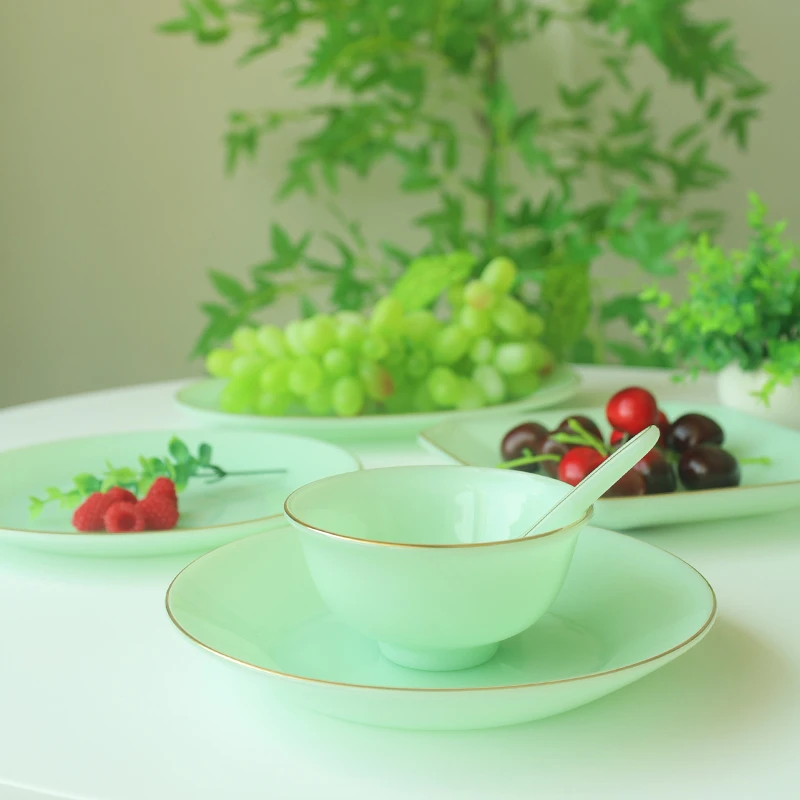 46件套绿色玉瓷进口组合高档乔迁新居餐具套装创意结婚