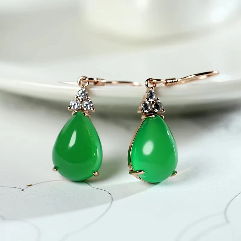 【小女王珠宝】天然绿玉髓满绿水滴蛋面耳坠卡14玫瑰金色耳针