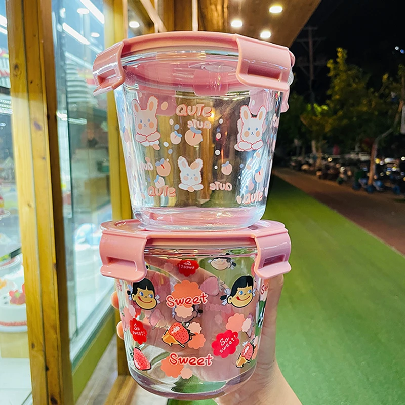 【厂家直销】家用玻璃汤碗卡通贴花密封碗儿童保鲜汤碗带盖大容量