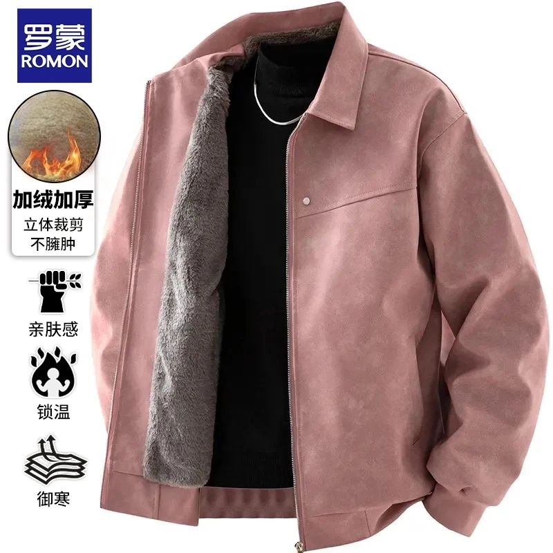 罗蒙皮衣男士冬季新款加绒加厚翻领皮夹克宽松百搭休闲纯色外套