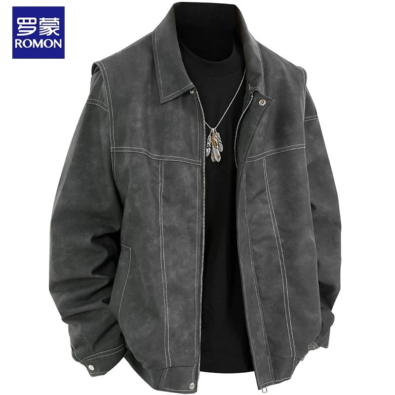 罗蒙皮衣男士秋季新款假两件宽松翻领皮夹克时尚休闲百搭外套上衣