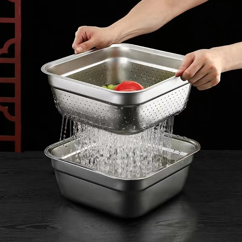 304不锈钢平底方盆方筛方便冲孔滤盆正方形自助餐盘洗菜盆漏盆沥