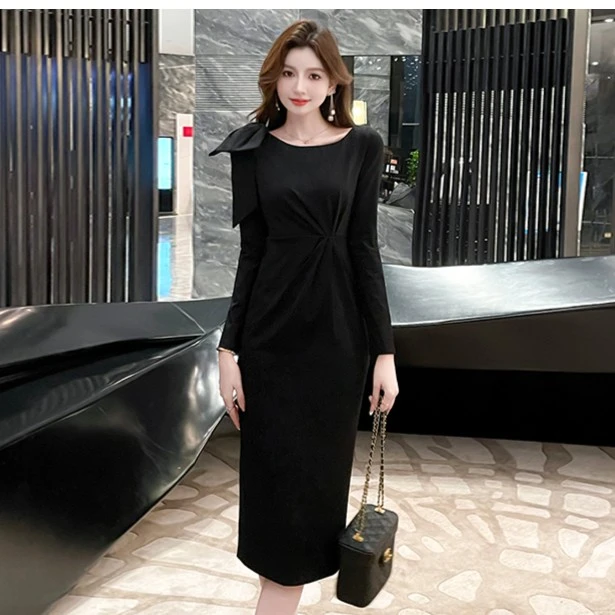 新款春季女款简约休闲时尚小黑裙气质包臀收腰名媛感裙子1211