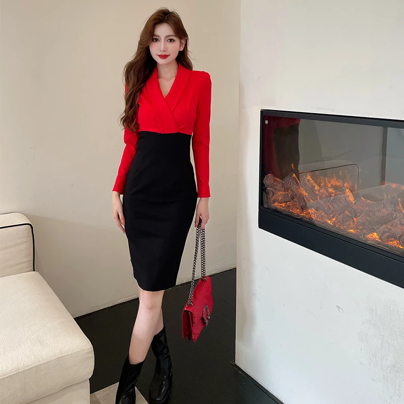 轻熟名媛时尚优雅感明星红色包臀连衣裙女装气质针织修身秋冬职业