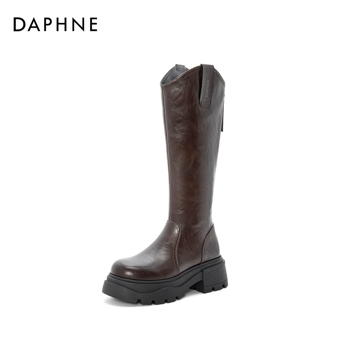 达芙妮潮流英伦风秋冬新款厚底增高时尚骑士靴高筒波纹靴子