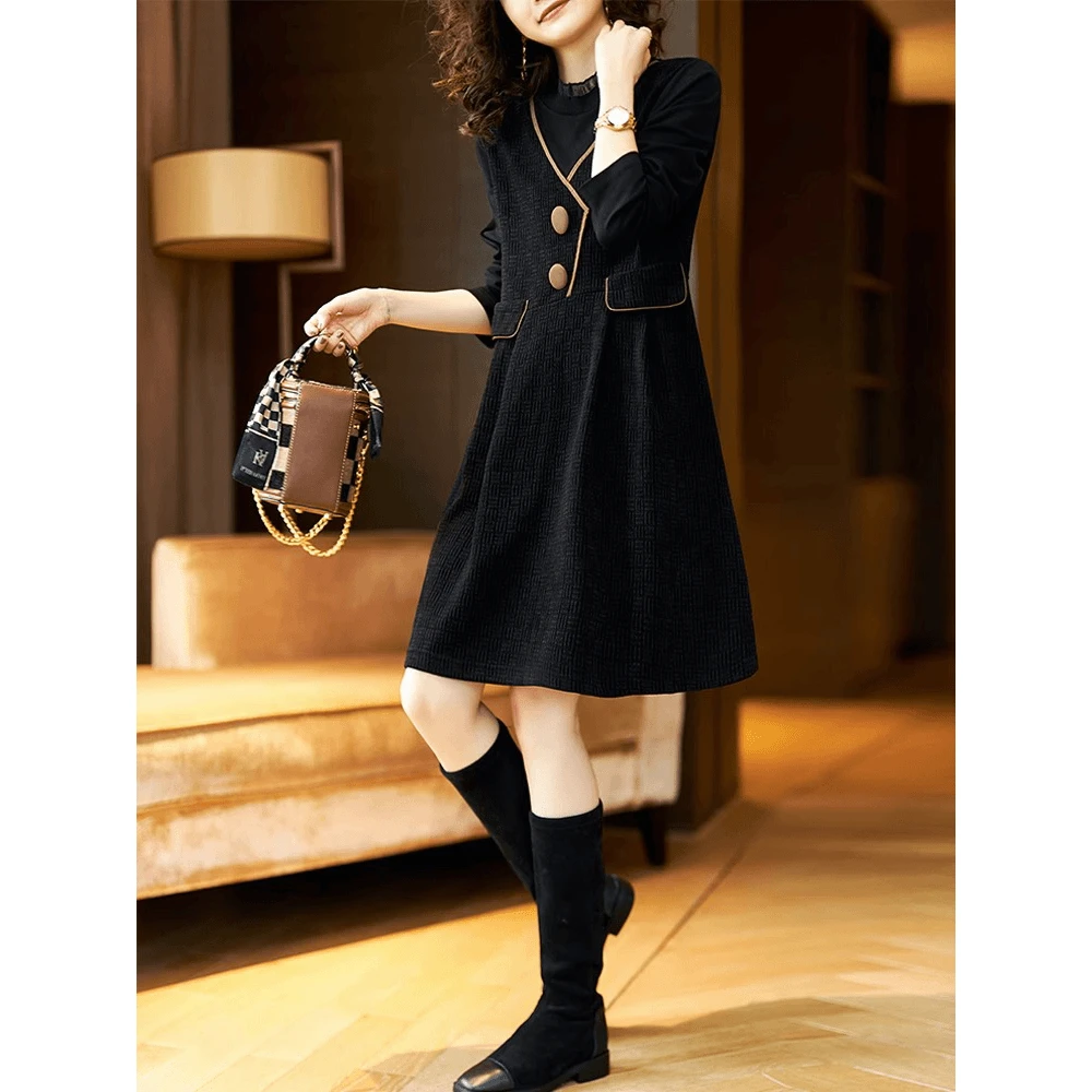 时尚简约宽松减龄显瘦黑色拼接假两件连衣裙大码女装2024秋季新款