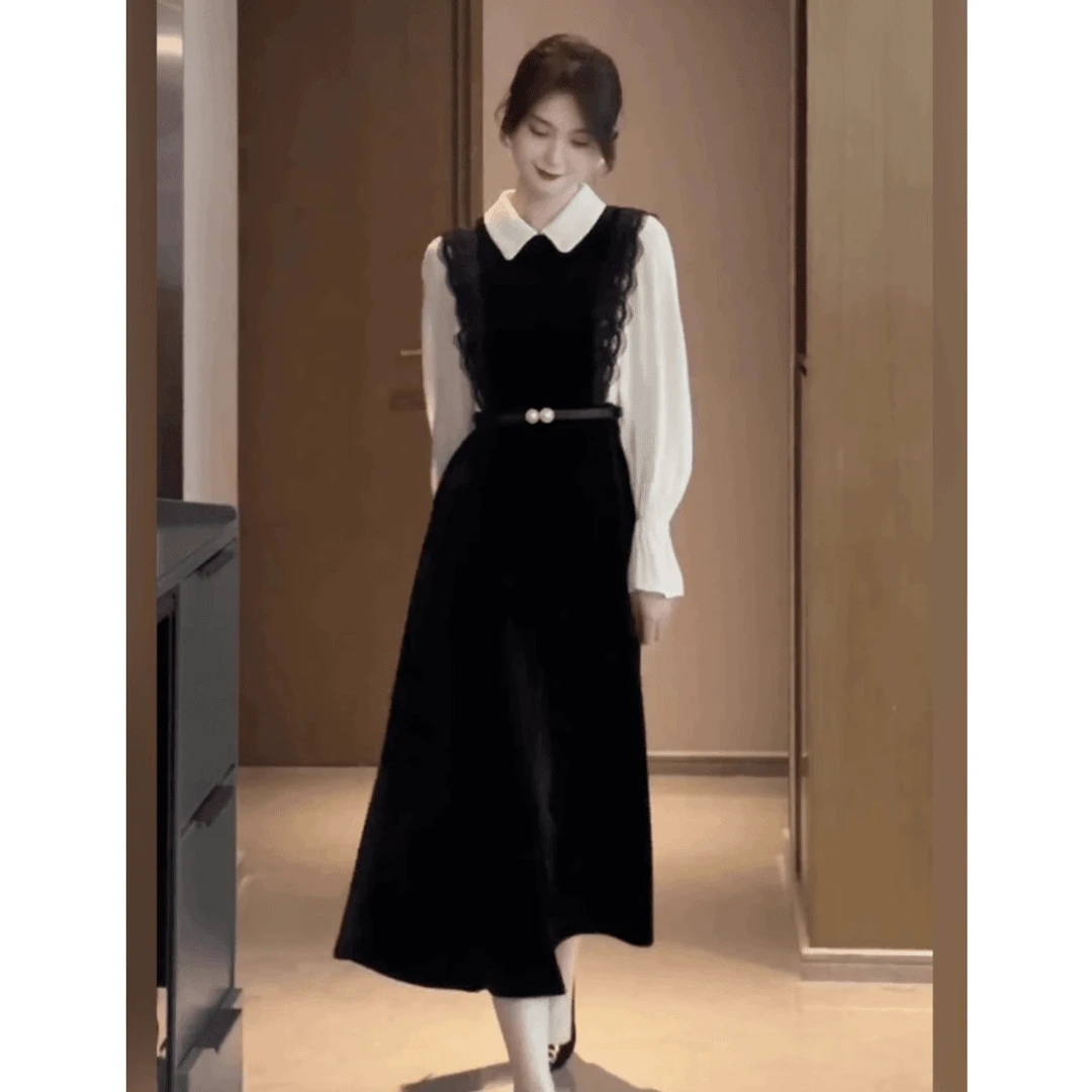 2024秋冬新款女装轻熟风显瘦高级感假两件连衣裙通勤收腰内搭大衣