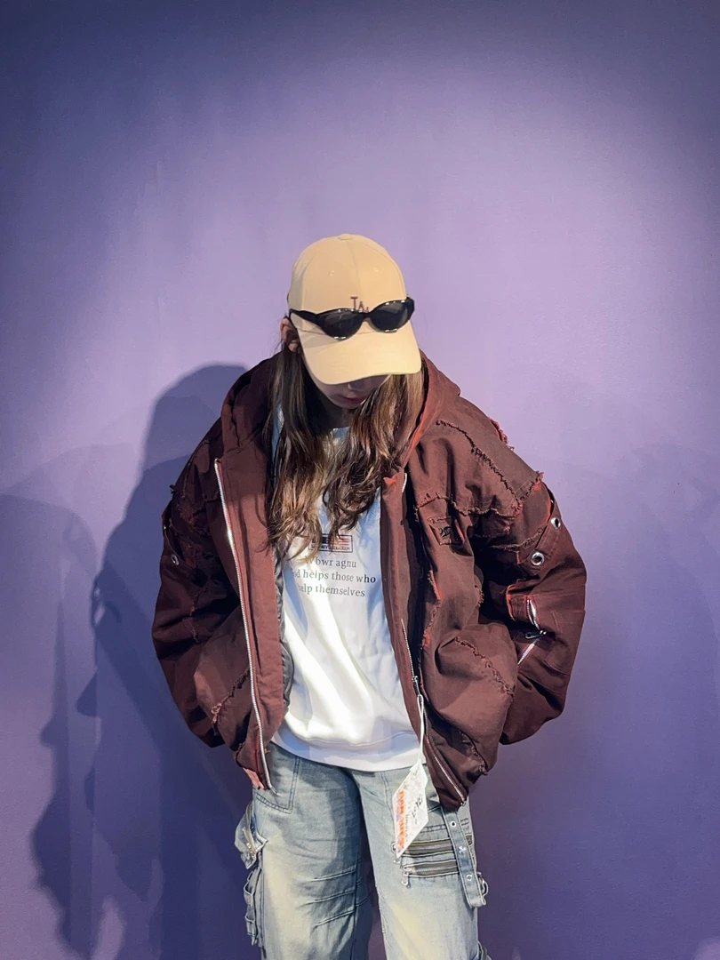 重磅新款脏脏灰红双层连帽夹克棒球服多口袋拉链设计男女做旧棉服