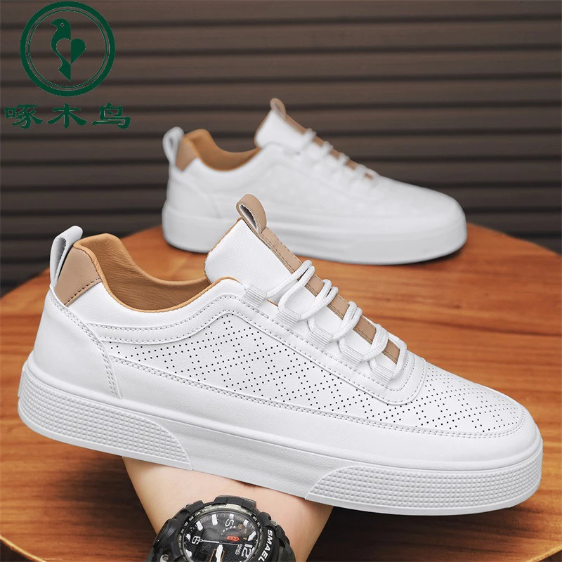 2024春季透气男鞋新款厚底潮流板鞋系带休闲男士防滑小白鞋